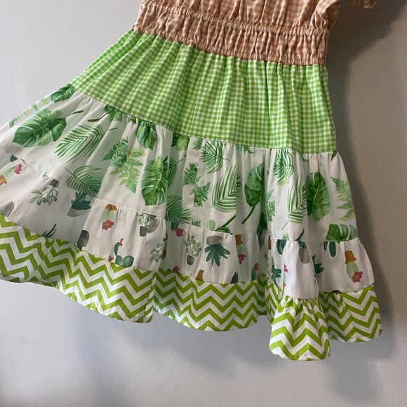 Handmade Children's 100% Cotton Tan White Green Gingham Multi Pattern Dress - Picture 7 of 12